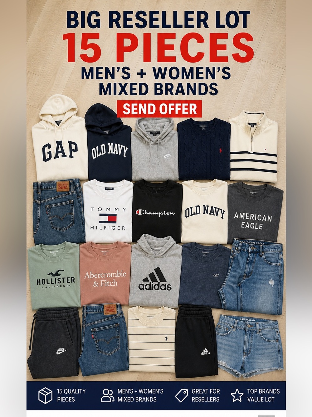 Wholesale Clothing Lot 15 Pieces Mixed Brands Women Men Tops Denim